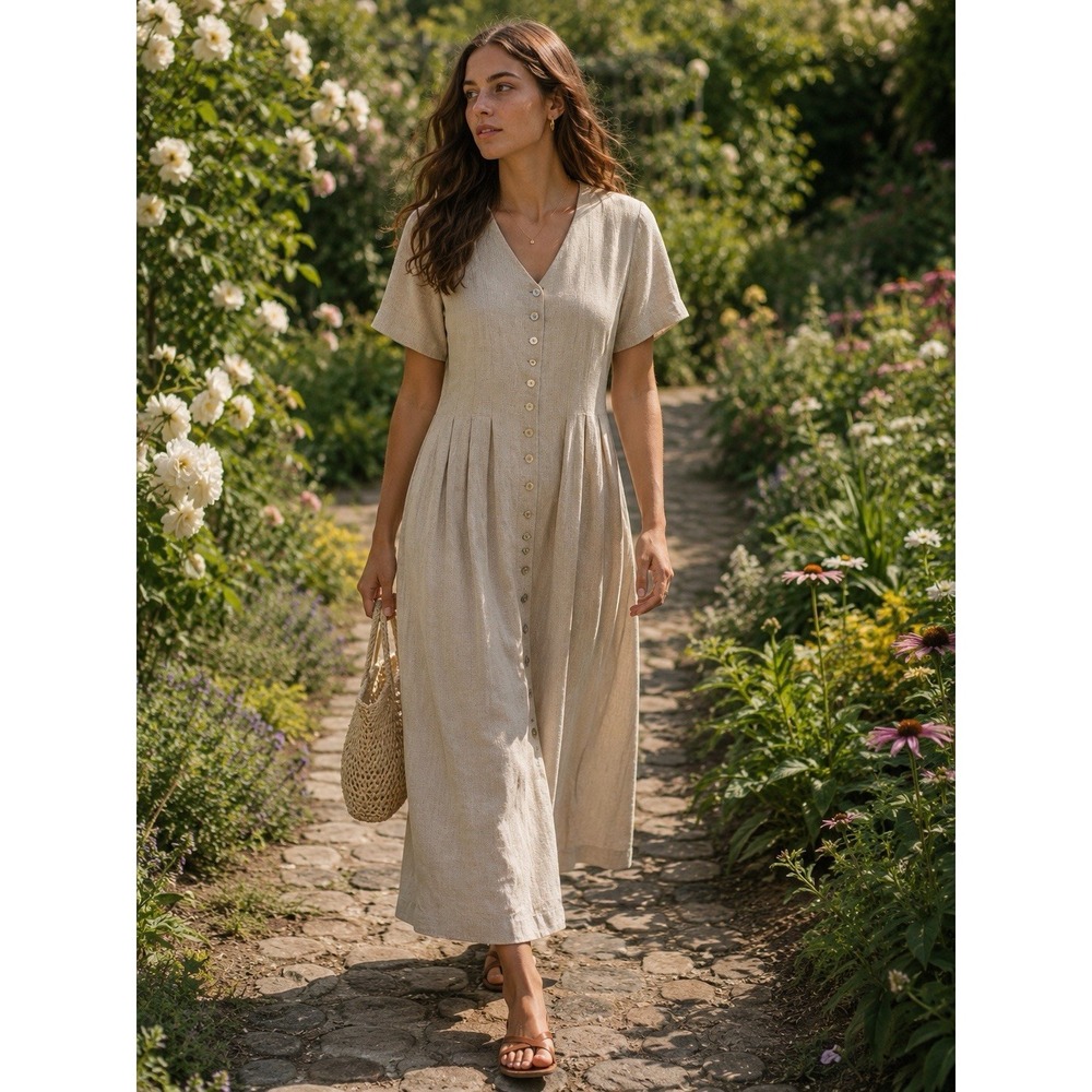 Vintage Cynthia Howie Shell Button Front Linen Blend Maxi Dress Cottagecore 8